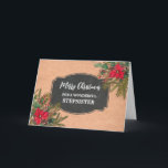 Rustikales Chalkboard Stepsister Frohe Weihnachten Karte<br><div class="desc">Frohe Weihnachten für Stiefschwesterkarte mit rustikalem Kalkbrettmuster und winterliche Blätter mit Poinsettias.</div>