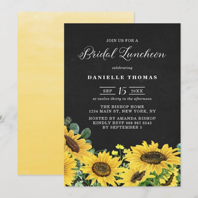 Rustikales Chalkboard Sunflowers Bridal Luncheon Einladung (Vorne/Hinten)