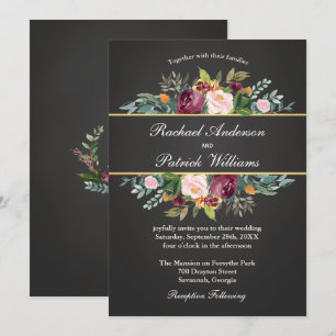 Rustikales Chalkboard und blumengeschmückte Hochze Einladung
