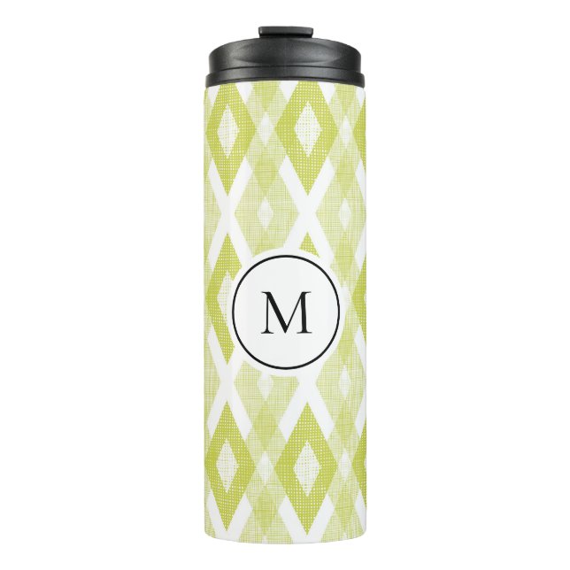 Rustikales Chartreuse-Ikat-Muster-Monogramm Thermosbecher (Vorderseite)