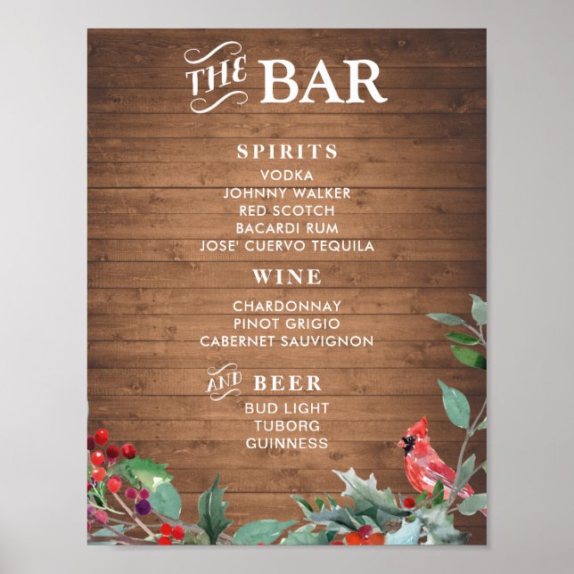 Rustikales Chic Bar Menu-Zeichen | Feiertag Bar Poster (Vorne)