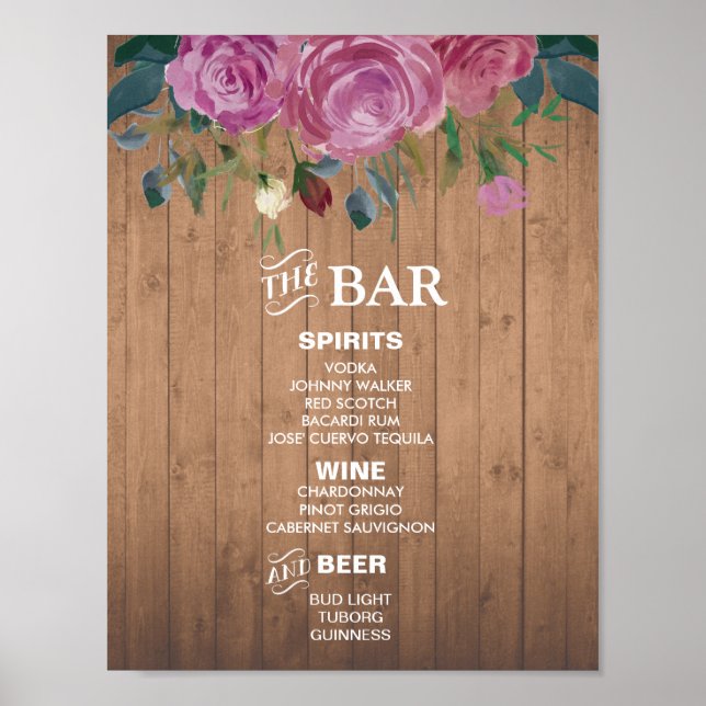 Rustikales Chic Bar Menu-Zeichen | Hochzeitsfeier  Poster (Vorne)