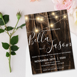 Rustikales Chic Barn Wood mit String Lights Weddin Einladung