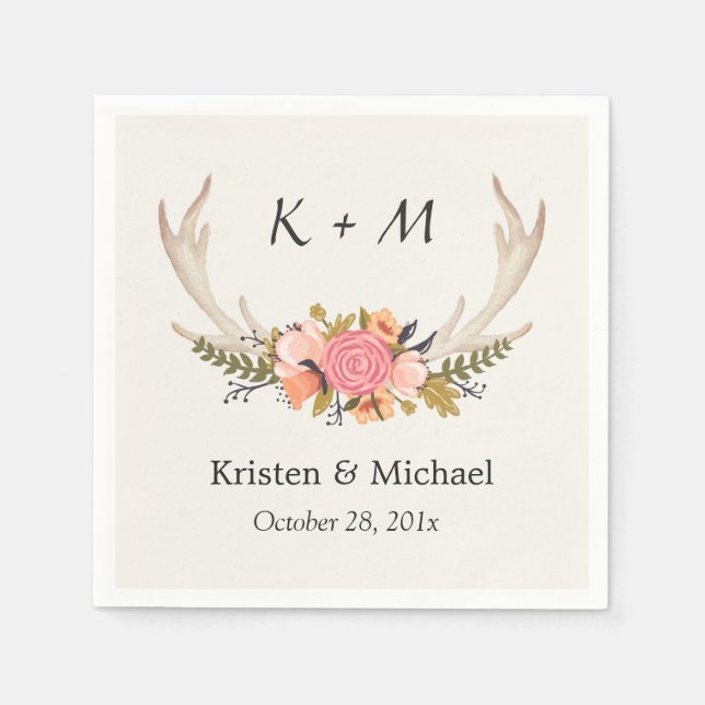 Rustikales Chic Floral Deer Antler Wedgram Serviette (Vorderseite)