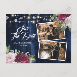 Rustikales Chic Navy Blue Burgundy Save the Date F Ankündigungspostkarte