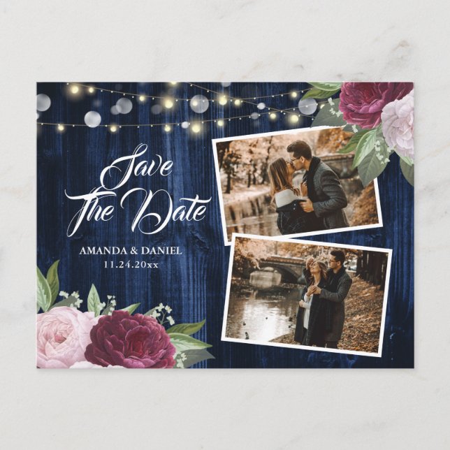 Rustikales Chic Navy Blue Burgundy Save the Date F Ankündigungspostkarte (Vorderseite)