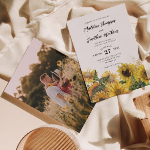 Rustikales Chic Sunflower Watercolor Foto Hochzeit Einladung