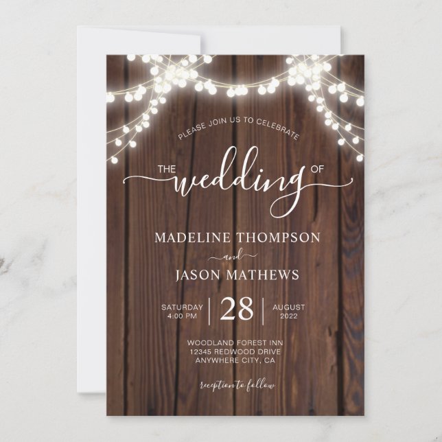 Rustikales Chic Wood String Light Foto Wedding Inv Einladung (Vorderseite)