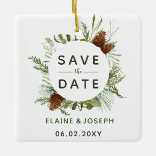 Rustikales Conifer Pine Cone Save the Date Foto Keramikornament