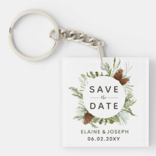 Rustikales Conifer Pine Cone Save the Date Foto Schlüsselanhänger