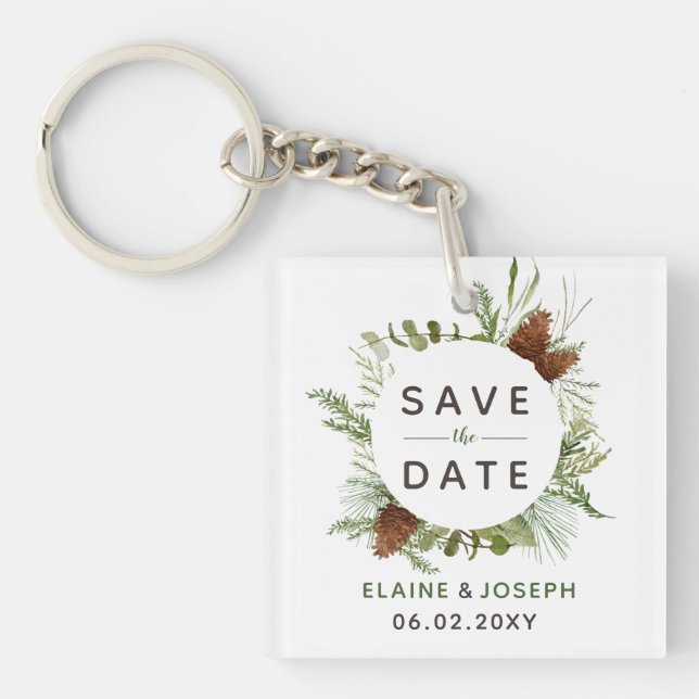 Rustikales Conifer Pine Cone Save the Date Foto Schlüsselanhänger (Vorderseite)