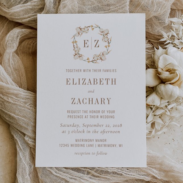 Rustikales Cotton Wreath Monogram Wedding Einladung (Von Creator hochgeladen)