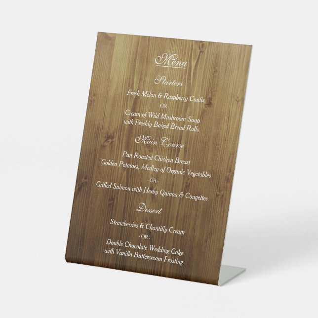 Rustikales Country Barn Wood Wedding Menü Sockelschild (Vorderseite)