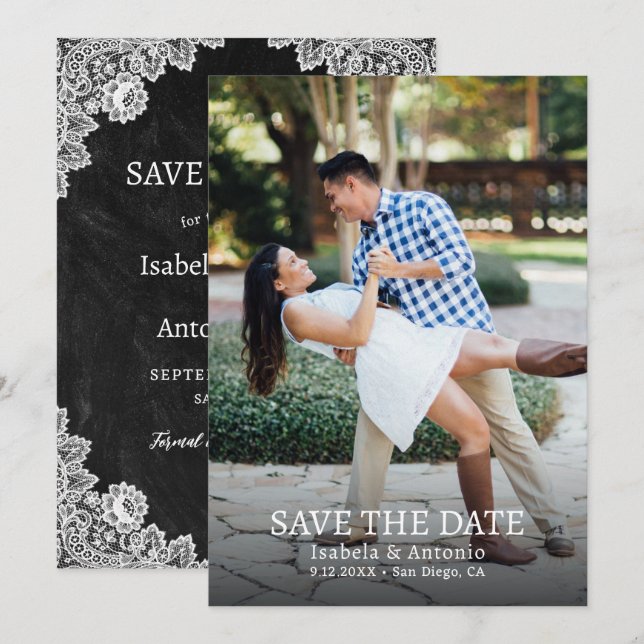 Rustikales Country Black Chalkboard Spitzen Hochze Save The Date (Vorne/Hinten)