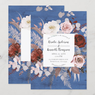 Rustikales Country Blue Wood Floral Blues Hochzeit Einladung