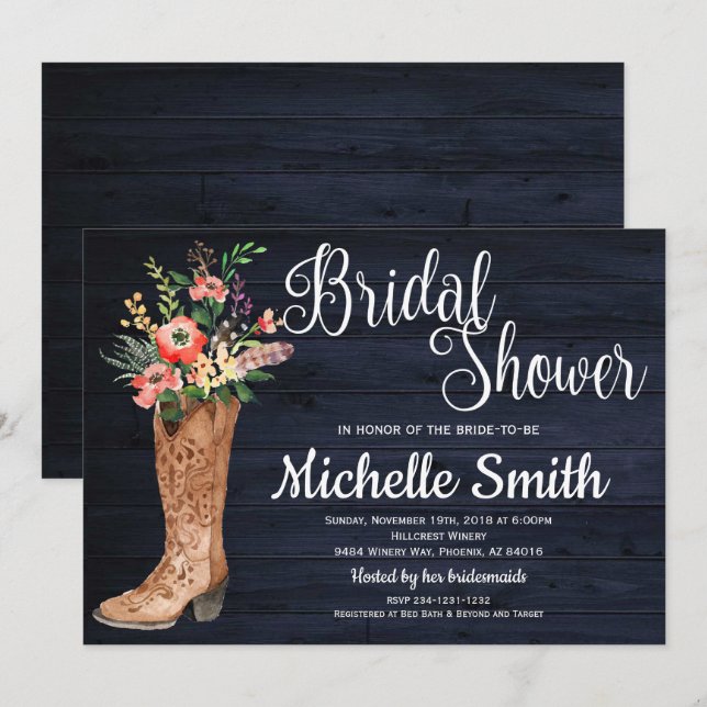 Rustikales Country Bridal Western Blue Brautparty Einladung (Vorne/Hinten)
