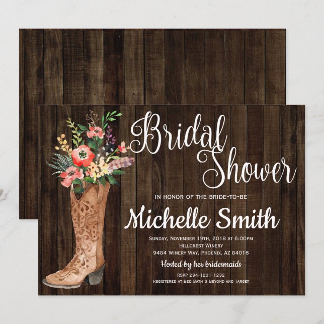 Rustikales Country Bridal Western Brautparty Einladung (Vorne/Hinten)