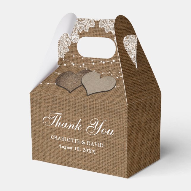 Rustikales Country Burlap Lace String Lights Hochz Geschenkschachtel (Vorderseite)