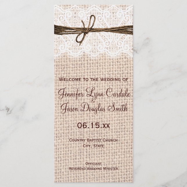 Rustikales Country Burlap Lace Twine Wedding Progr Programm (Vorderseite)