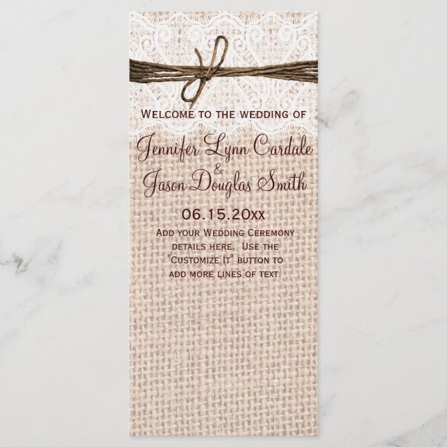 Rustikales Country Burlap Lace Twine Wedding Progr Programm (Vorderseite)