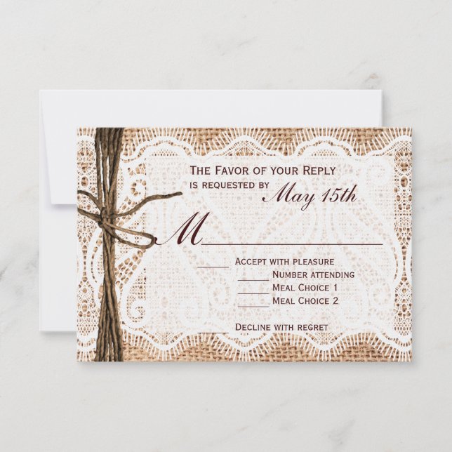 Rustikales Country Burlap Lace Twine Wedding RSVP (Vorderseite)