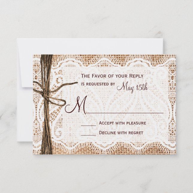 Rustikales Country Burlap Lace Twine Wedding RSVP Karte (Vorderseite)