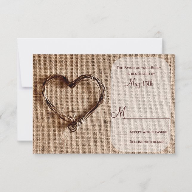 Rustikales Country Burlap Twine Heart Wedding RSVP (Vorderseite)