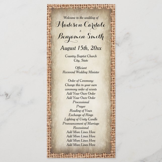 Rustikales Country Burlap Vintage Hochzeitsprogram Programm (Vorderseite)