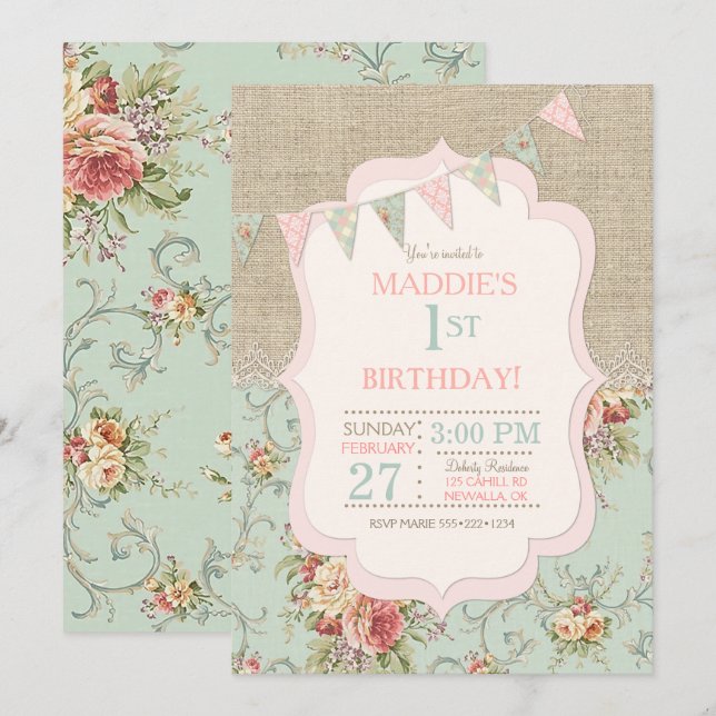 Rustikales Country Chic Burlap Lace Shabby Floral Einladung (Vorne/Hinten)