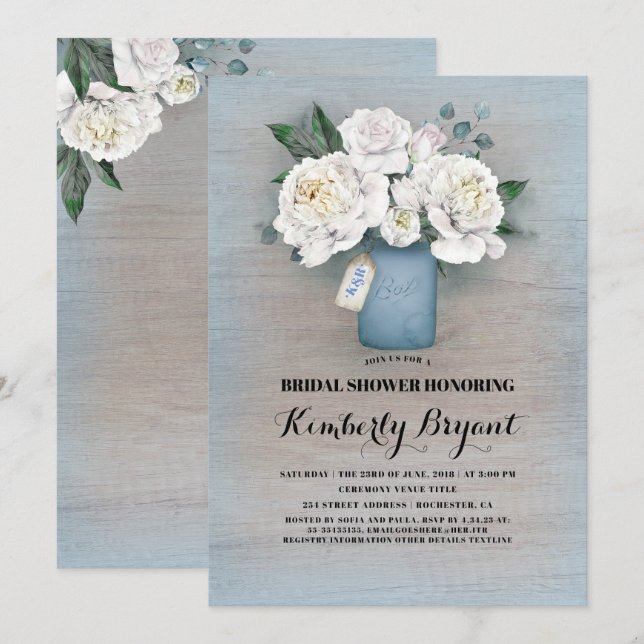 Rustikales Country Dusty Blue Mason Jar Brautparty Einladung (Vorne/Hinten)