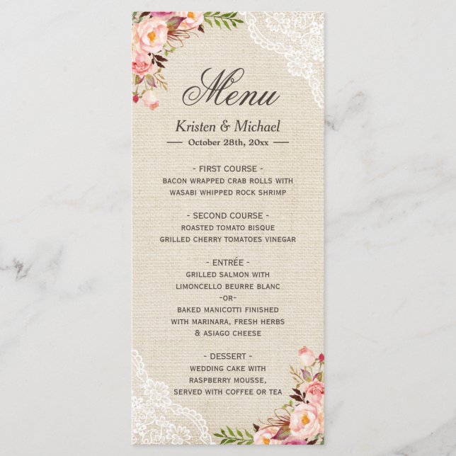 Rustikales Country Floral Lace Burlap Wedding Menü Menükarte (Vorderseite)