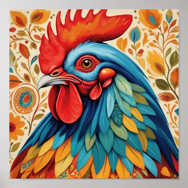 Rustikales Country Folk Rooster Chicken Poster (Vorne)