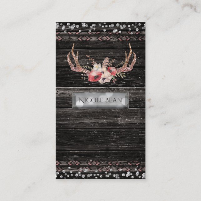 Rustikales Country Glam Blume & Antlers Boho Chic Visitenkarte (Vorderseite)