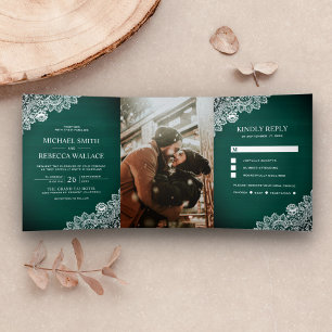 Rustikales Country Green Wood Lace Wedding Foto Dreifach Gefaltete Einladung