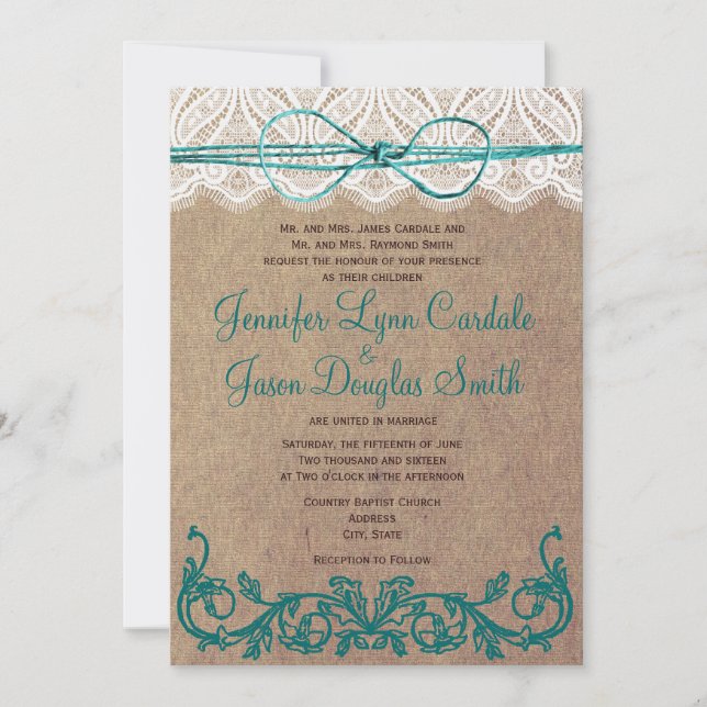 Rustikales Country Lace Brown Aquamarin Hochzeit E Einladung (Vorderseite)