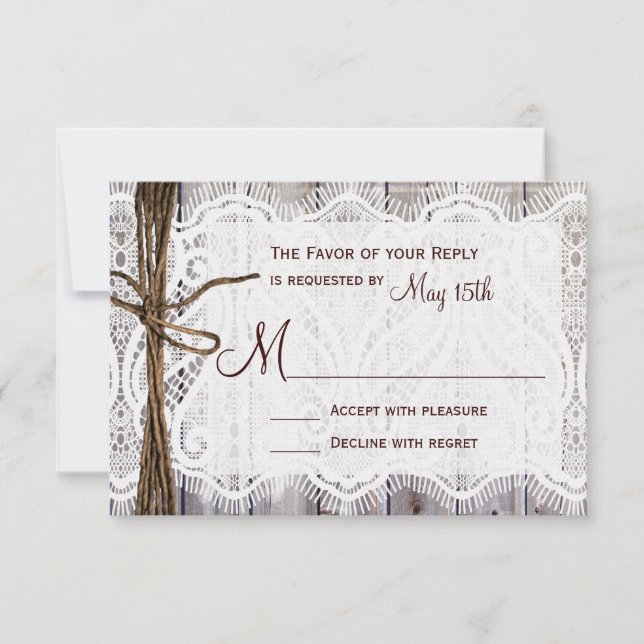 Rustikales Country Lace Twine Wood Wedding RSVP (Vorderseite)