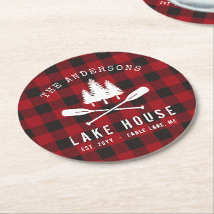 Rustikales Country Lake House Tree Red Buffalo Kar Runder Pappuntersetzer