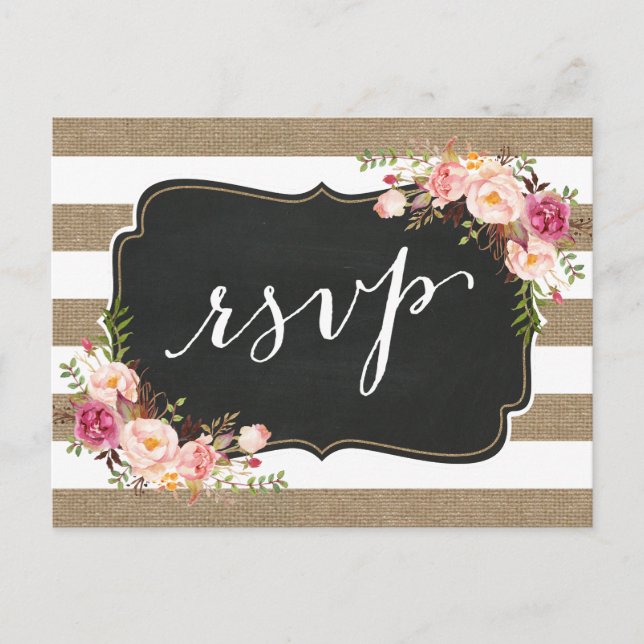 Rustikales Country Linen Burlap Floral Wedding RSV Einladungspostkarte (Vorderseite)