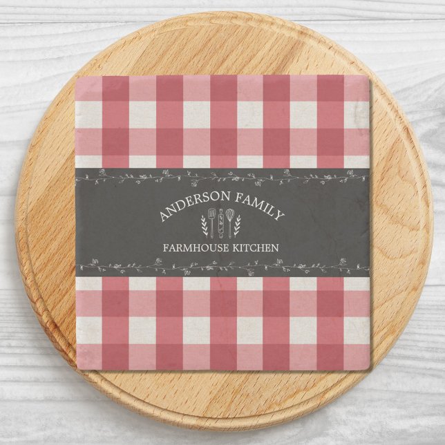 Rustikales Country Red Gingham Black Chalkboard Steinuntersetzer (Close up)
