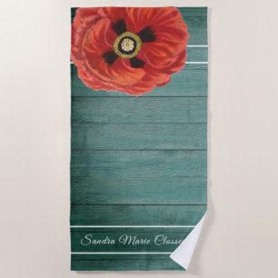 Rustikales Country Red Poppy Brown Wood Beach Hand Strandtuch