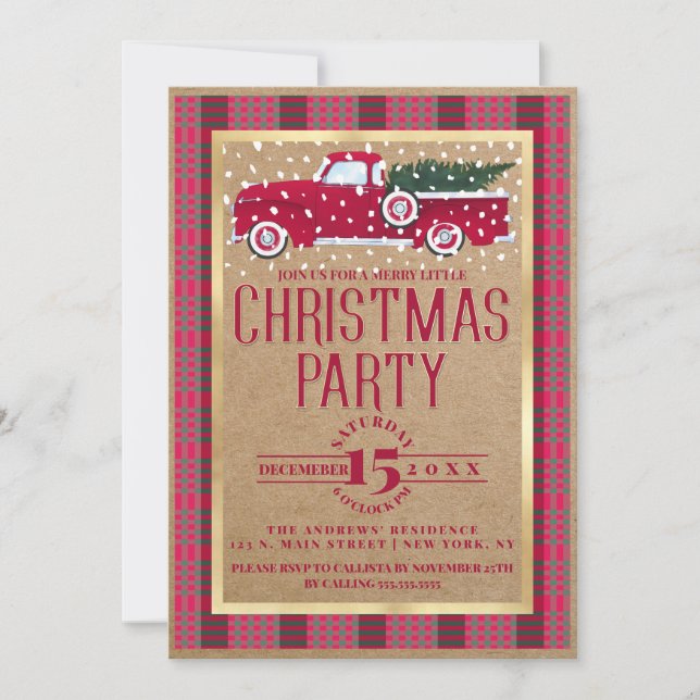 Rustikales Country Red Truck Flannel Weihnachtsfes Einladung (Vorderseite)