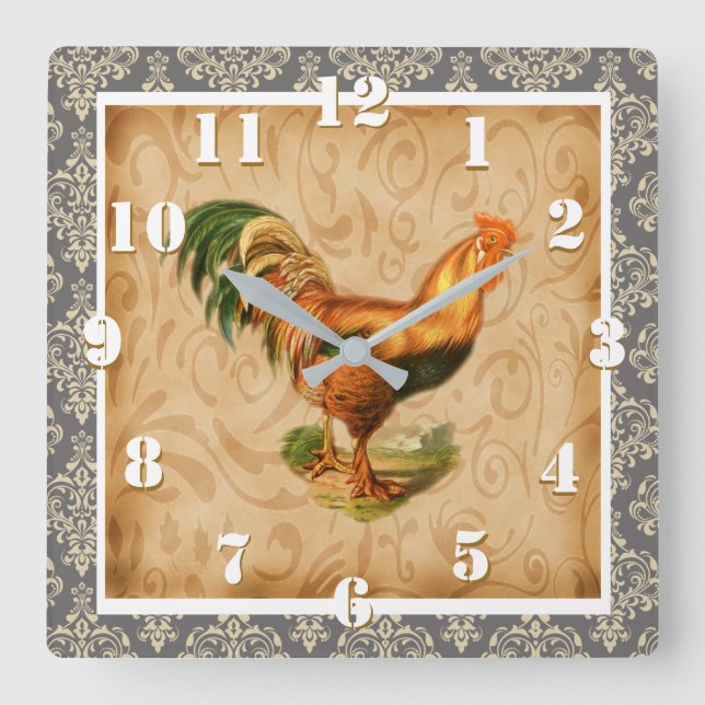 Rustikales Country Rooster Elegant Damask Verziert Quadratische Wanduhr (Vorderseite)
