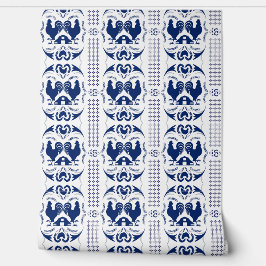 Rustikales Country Rooster und Barcode Muster Blau Tapete