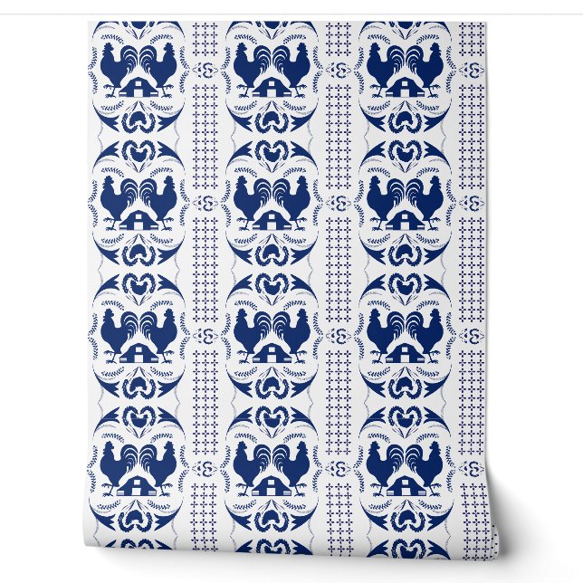 Rustikales Country Rooster und Barcode Muster Blau Tapete (Abrollen)
