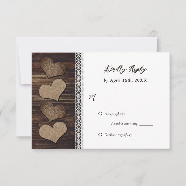 Rustikales Country Wood Burlap Hearts Lace Wedding RSVP Karte (Vorderseite)