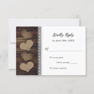 Rustikales Country Wood Burlap Hearts Lace Wedding RSVP Karte