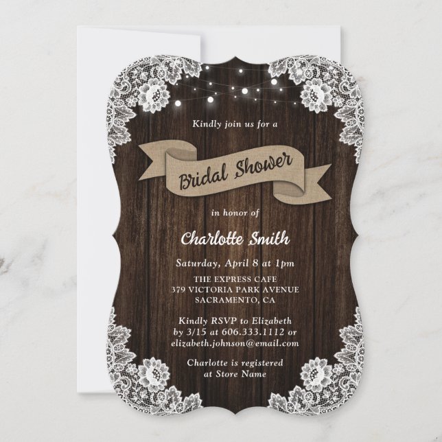 Rustikales Country Wood Burlap Ribbon Brautparty Einladung (Vorderseite)