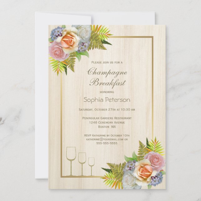 Rustikales Country Wood Floral Champagne Frühstück Einladung (Vorderseite)
