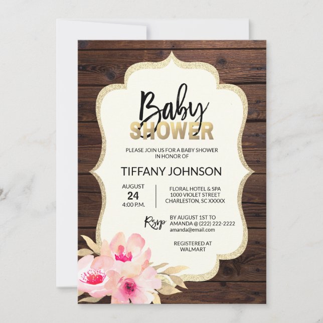 Rustikales Country Wood Floral Pink Gold Baby Dusc Einladung (Vorderseite)
