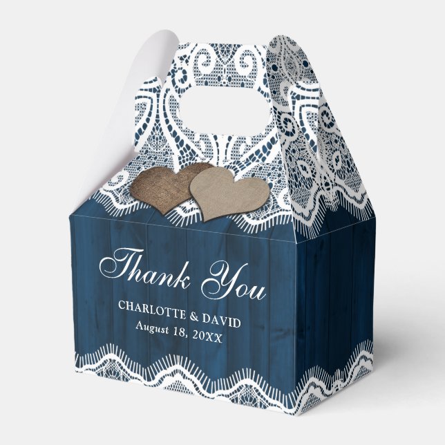 Rustikales Country Wood Lace Navy Blue Wedding Geschenkschachtel (Vorderseite)